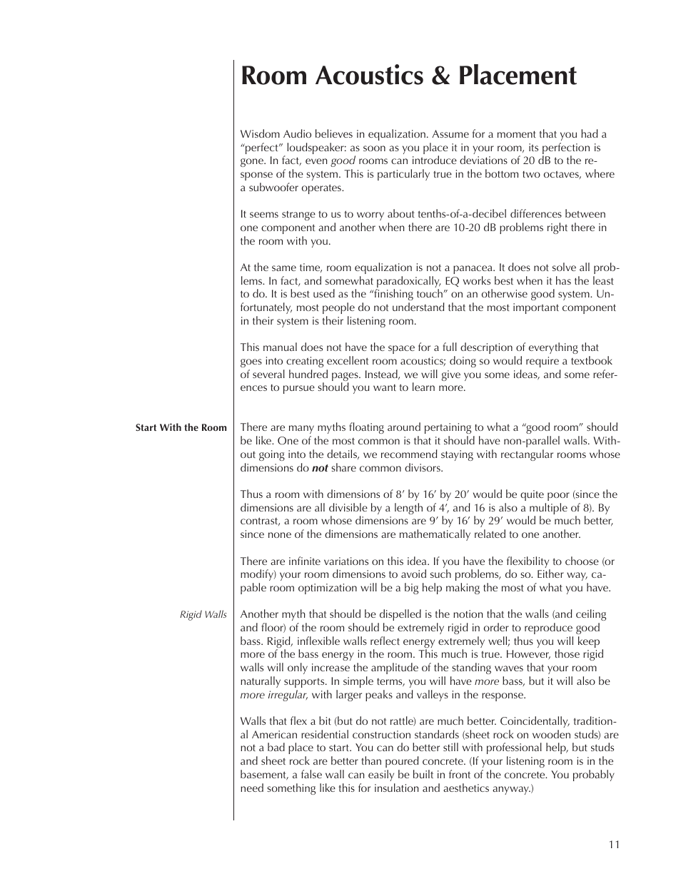 Room acoustics & placement | Wisdom Audio Wisdom Series LS3i User Manual | Page 11 / 26