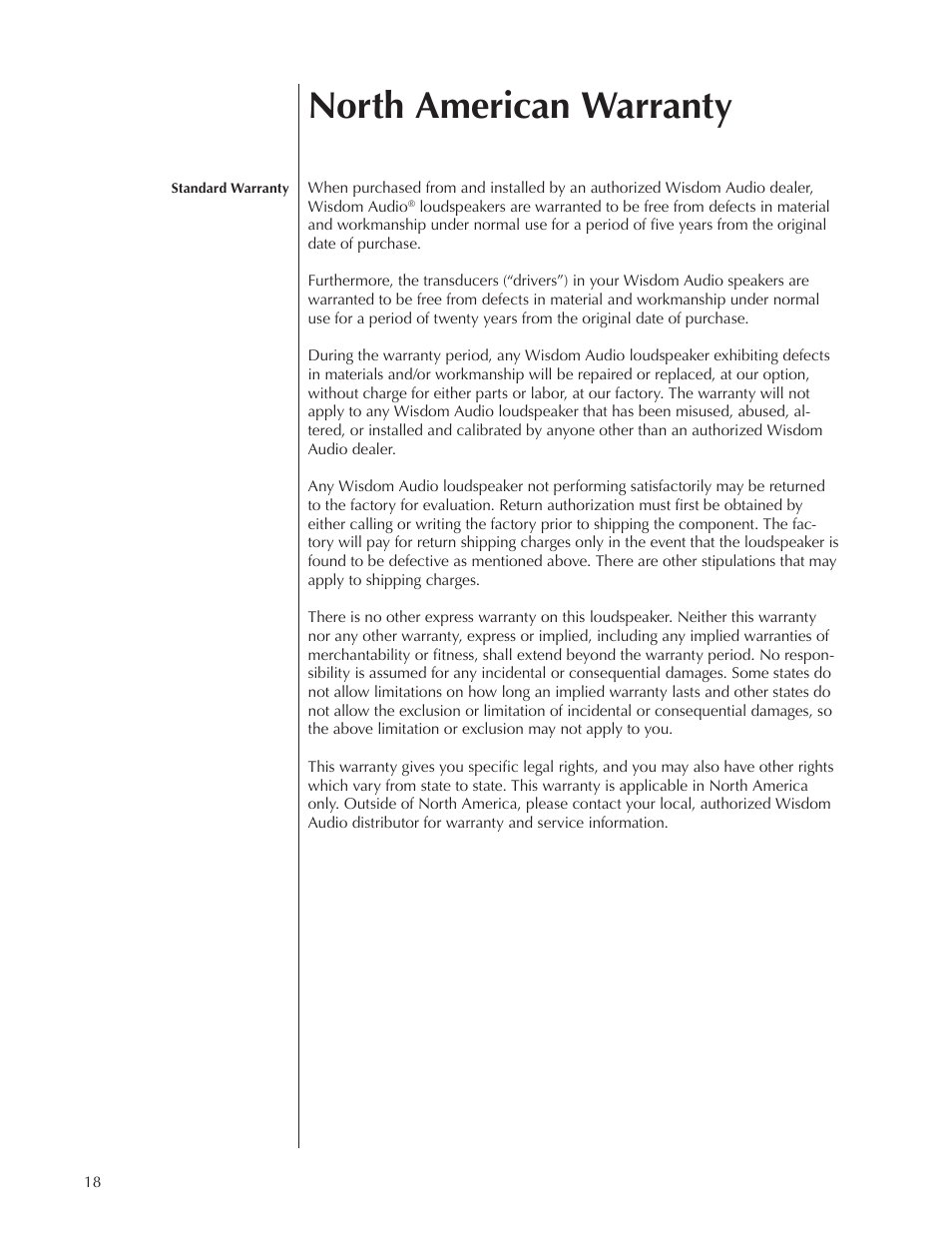 North american warranty | Wisdom Audio Wisdom Series LS3i User Manual | Page 18 / 26