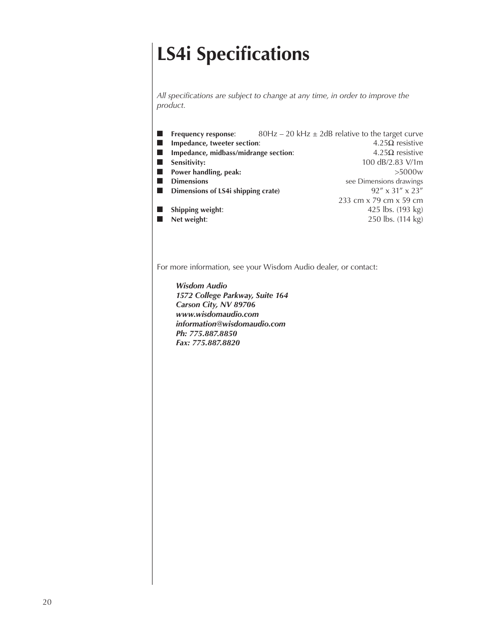 Ls4i specifications | Wisdom Audio Wisdom Series LS3i User Manual | Page 20 / 26