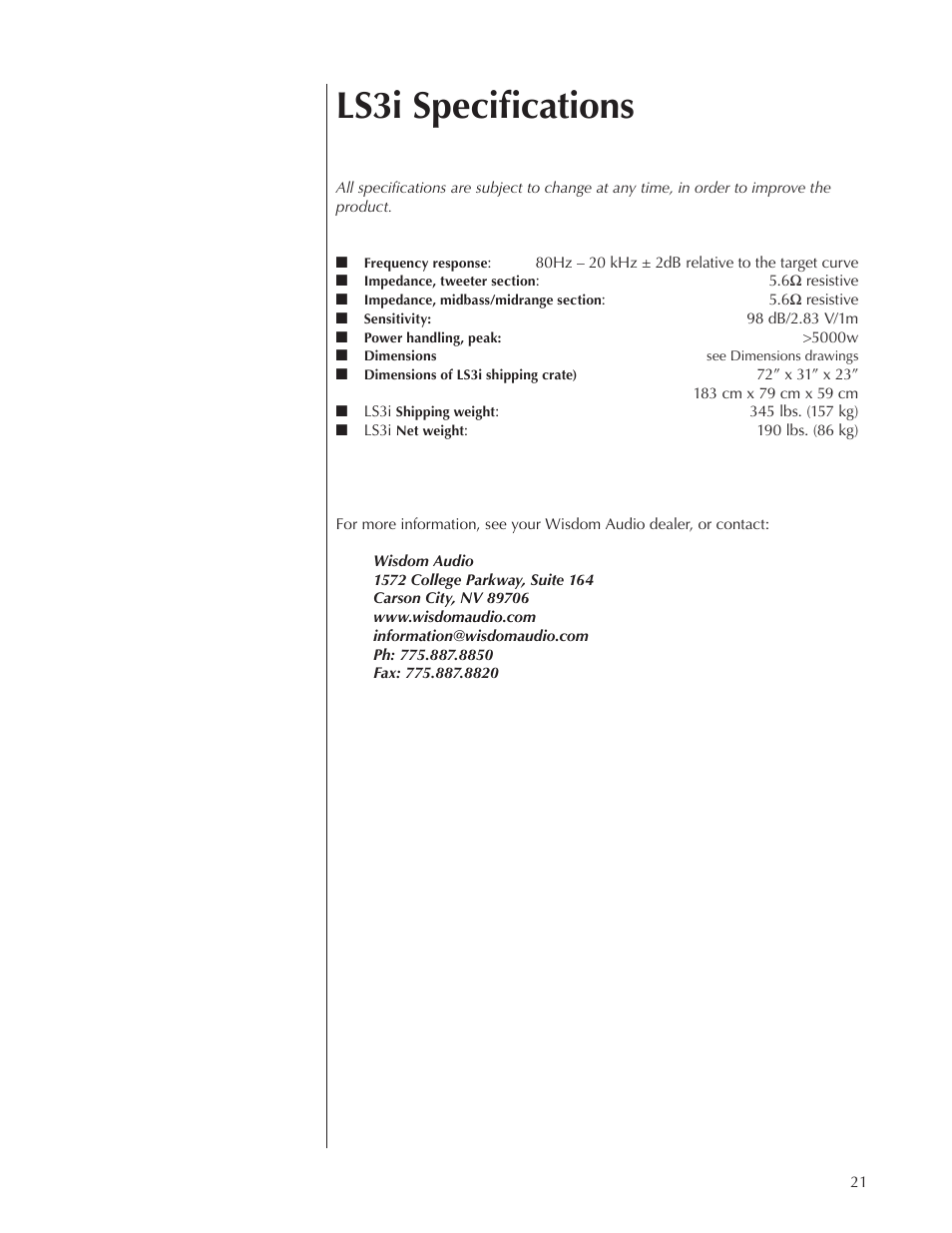 Ls3i specifications | Wisdom Audio Wisdom Series LS3i User Manual | Page 21 / 26
