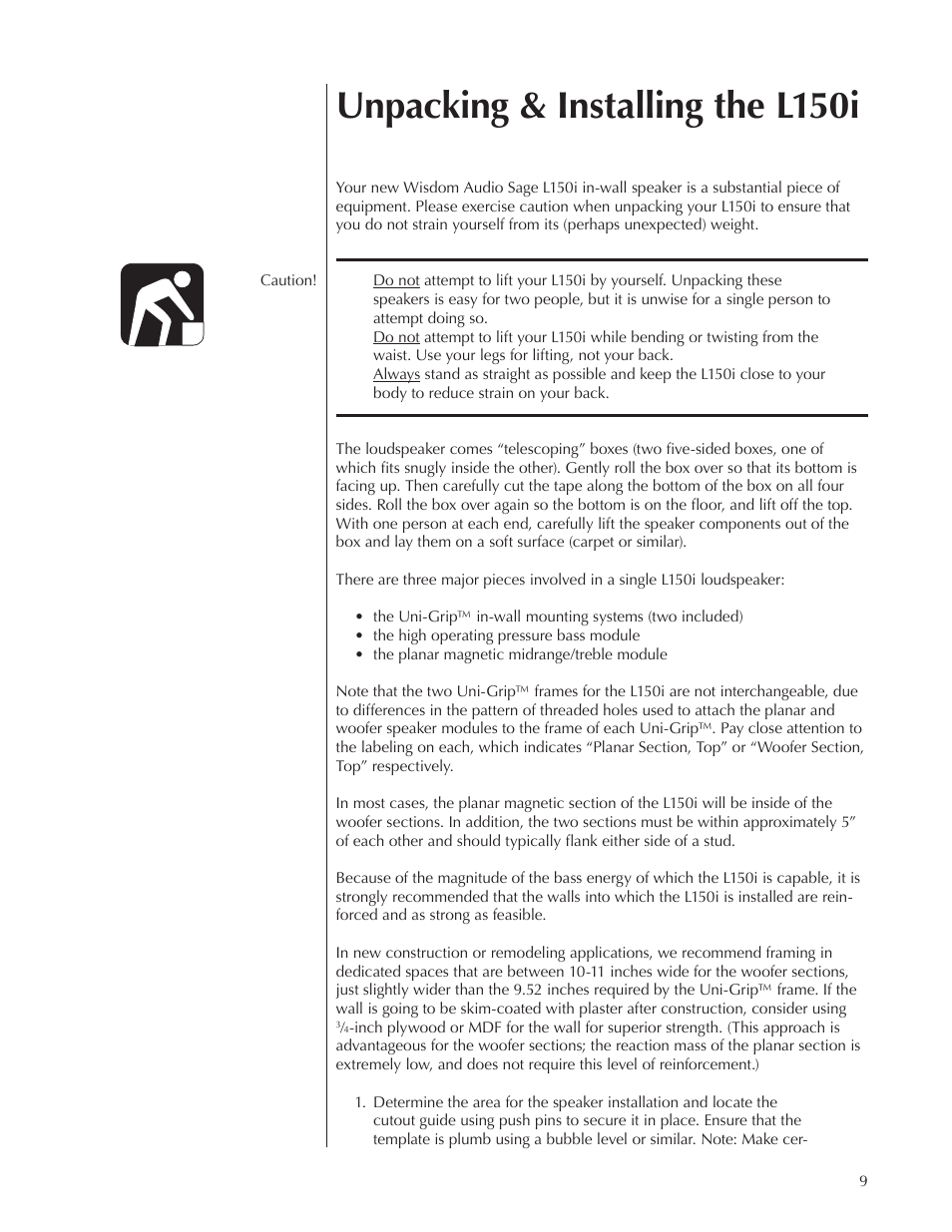 Unpacking & installing the l150i | Wisdom Audio Sage Series L150 User Manual | Page 9 / 28