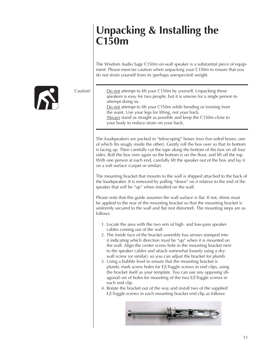 Unpacking & installing the c150m | Wisdom Audio Sage Series C150 User Manual | Page 11 / 28