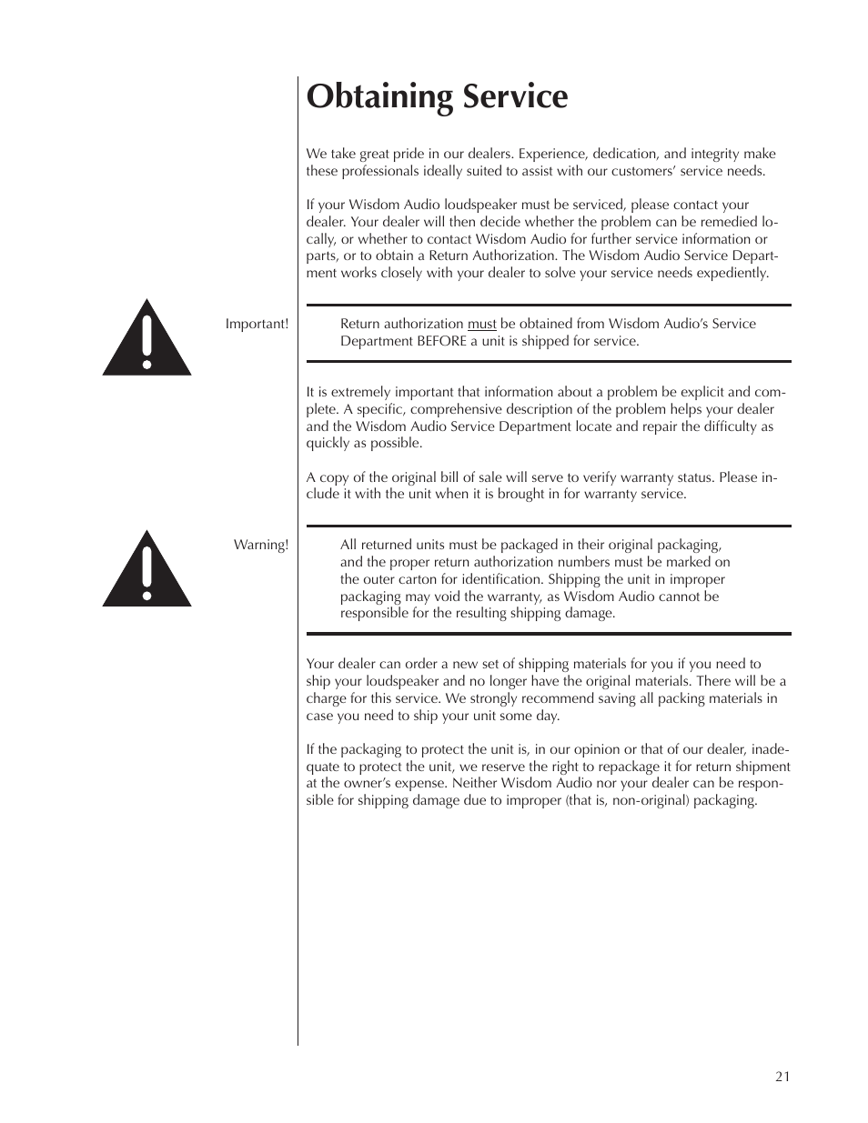 Obtaining service | Wisdom Audio Sage Series C150 User Manual | Page 21 / 28