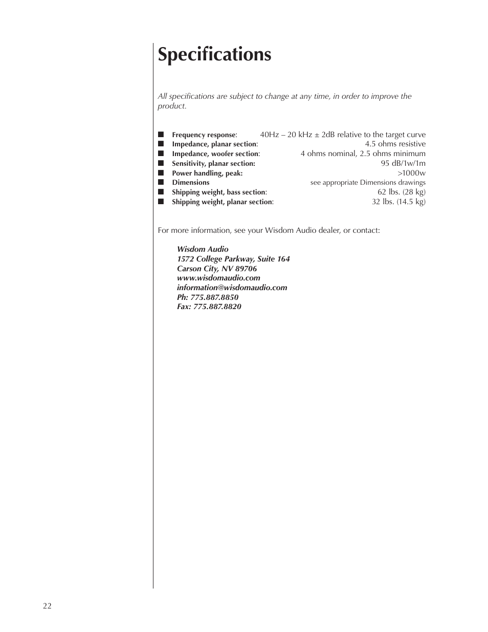 Specifications | Wisdom Audio Sage Series C150 User Manual | Page 22 / 28