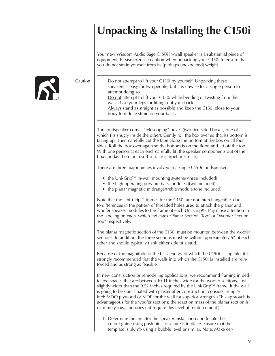 Unpacking & installing the c150i | Wisdom Audio Sage Series C150 User Manual | Page 9 / 28