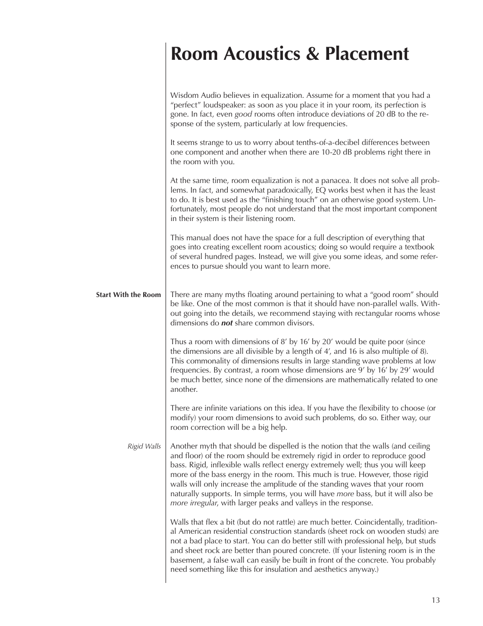 Room acoustics & placement | Wisdom Audio Sage Series L100 User Manual | Page 13 / 28