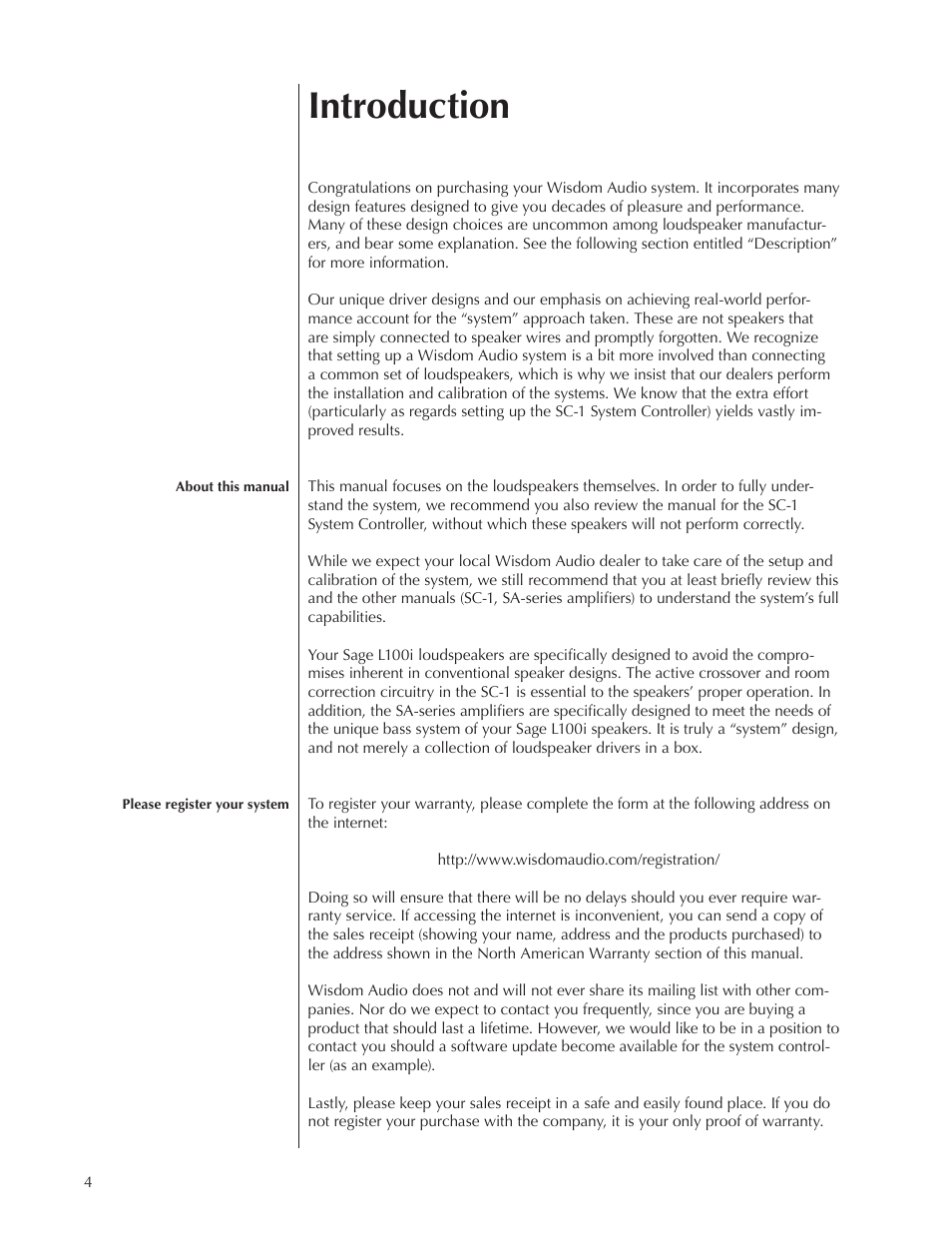 Introduction | Wisdom Audio Sage Series L100 User Manual | Page 4 / 28