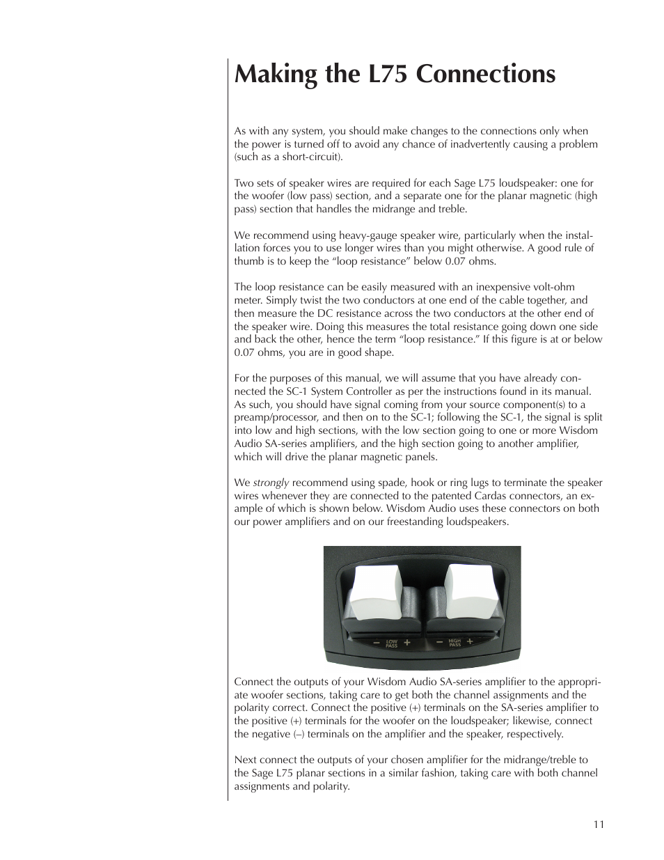 Making the l75 connections | Wisdom Audio Sage Series L75 User Manual | Page 11 / 30