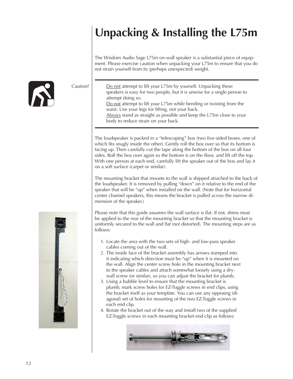 Unpacking & installing the l75m | Wisdom Audio Sage Series L75 User Manual | Page 12 / 30