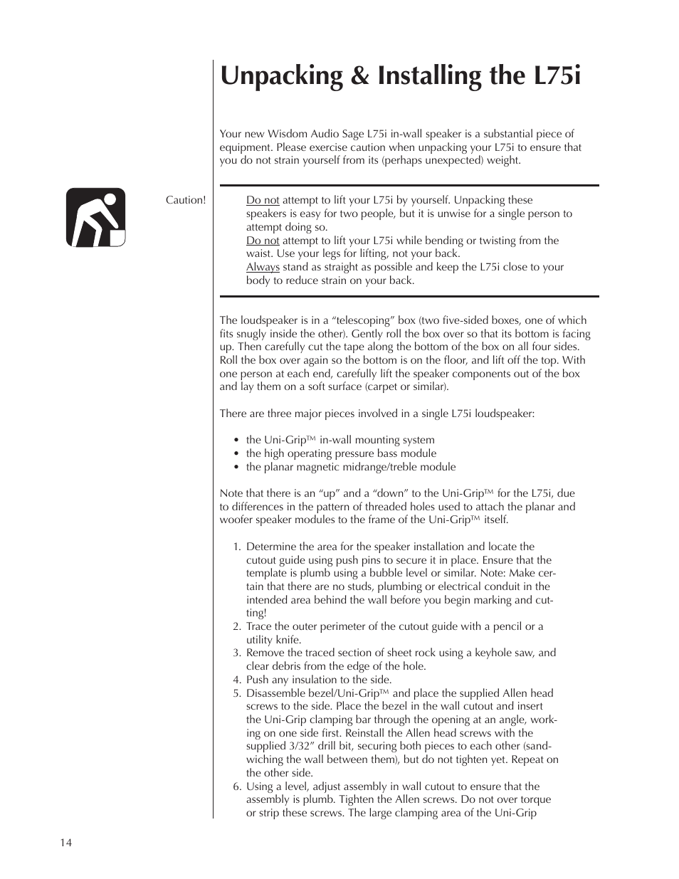 Unpacking & installing the l75i | Wisdom Audio Sage Series L75 User Manual | Page 14 / 30