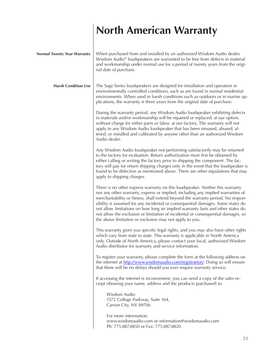 North american warranty | Wisdom Audio Sage Series L75 User Manual | Page 23 / 30