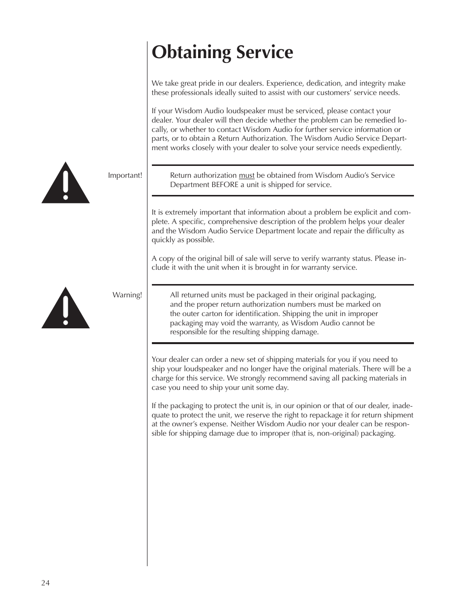 Obtaining service | Wisdom Audio Sage Series L75 User Manual | Page 24 / 30