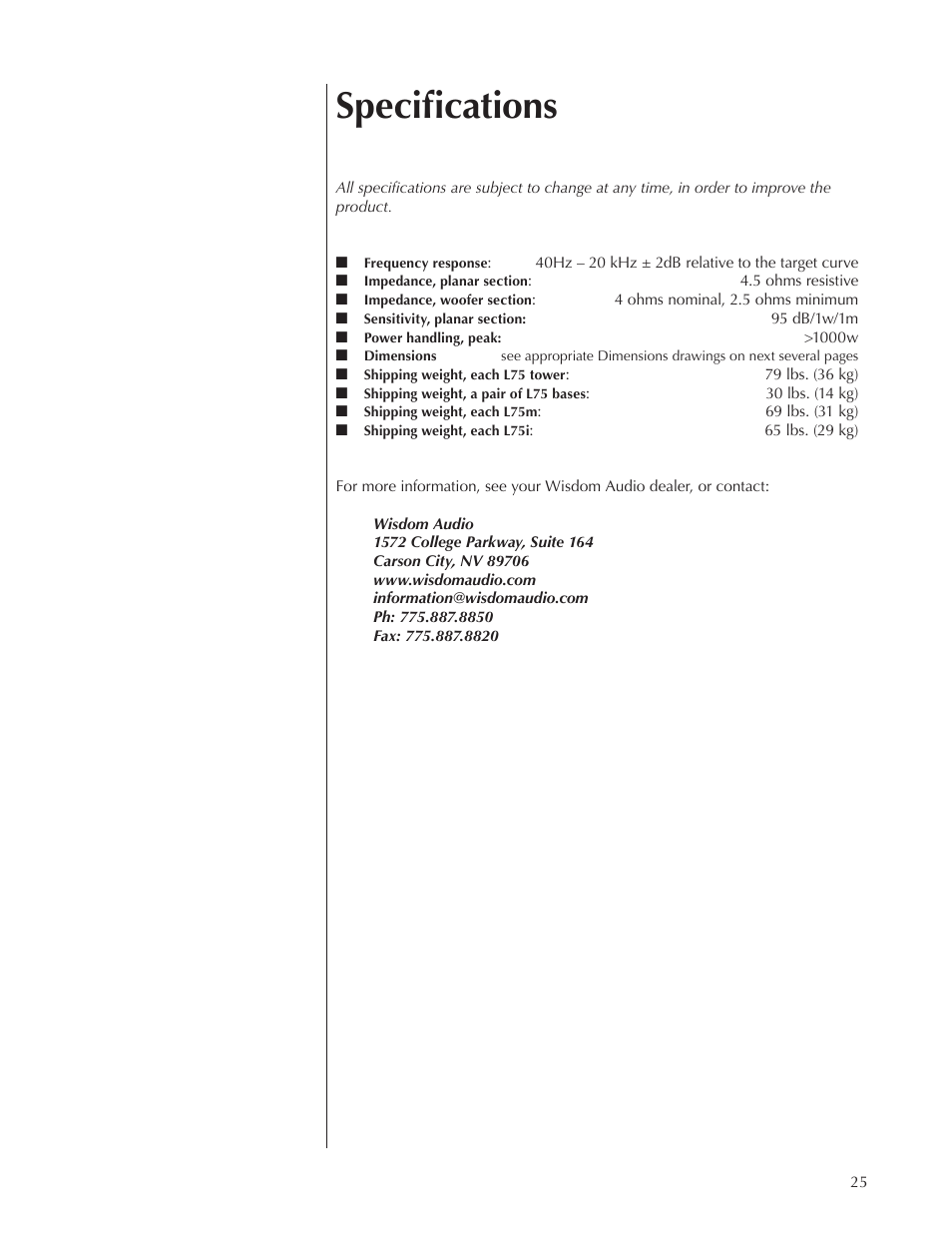 Specifications | Wisdom Audio Sage Series L75 User Manual | Page 25 / 30