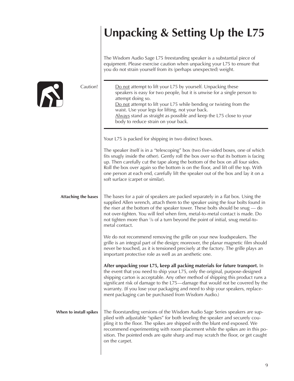 Unpacking & setting up the l75 | Wisdom Audio Sage Series L75 User Manual | Page 9 / 30