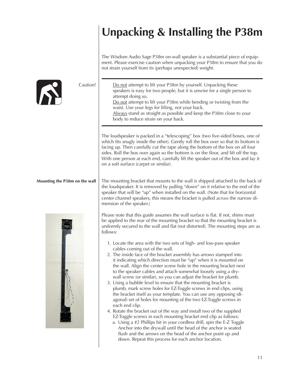 Unpacking & installing the p38m | Wisdom Audio Sage Series P38 User Manual | Page 11 / 30