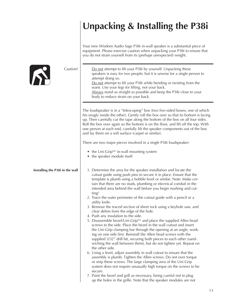 Unpacking & installing the p38i | Wisdom Audio Sage Series P38 User Manual | Page 13 / 30