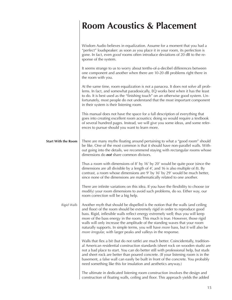 Room acoustics & placement | Wisdom Audio Sage Series P38 User Manual | Page 15 / 30