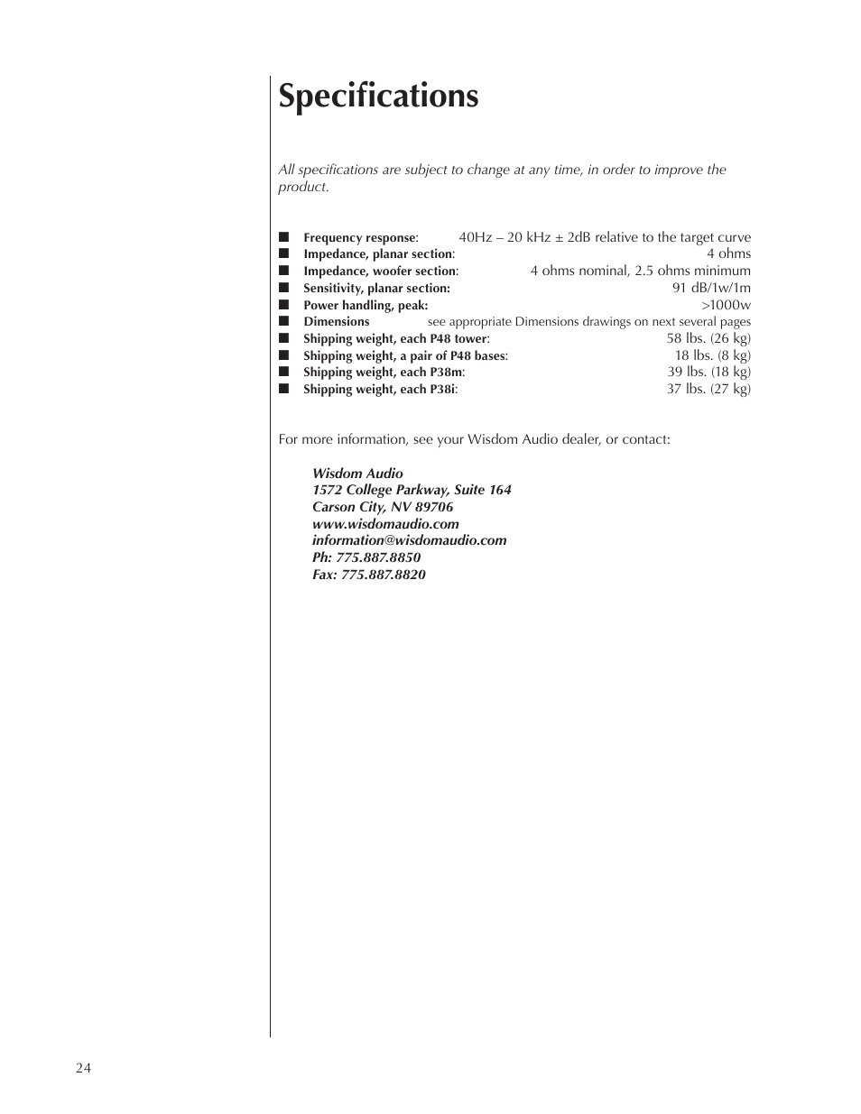 Specifications | Wisdom Audio Sage Series P38 User Manual | Page 24 / 30