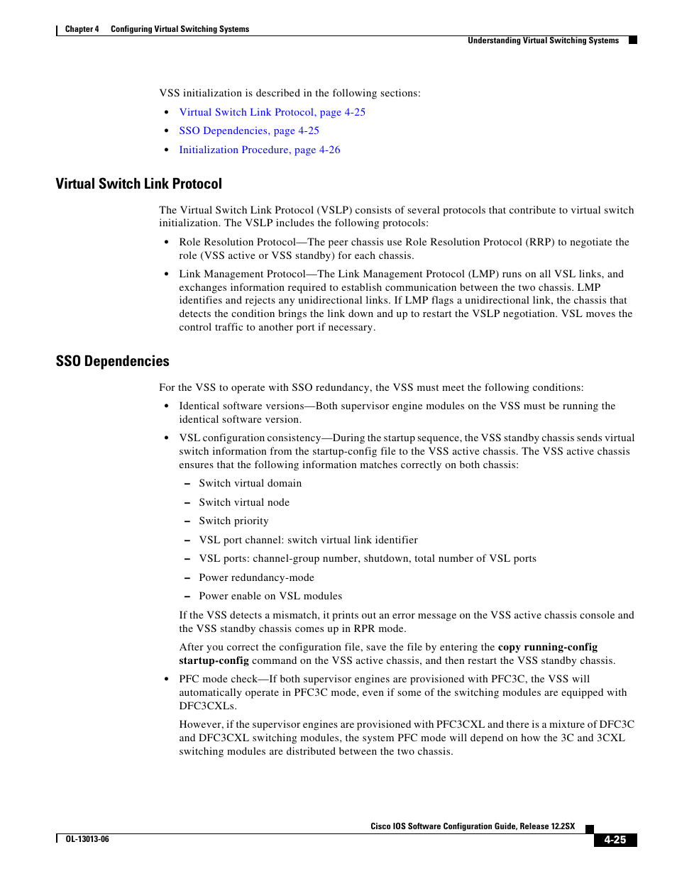 Virtual switch link protocol, Sso dependencies | Cisco 6500 User Manual | Page 25 / 72