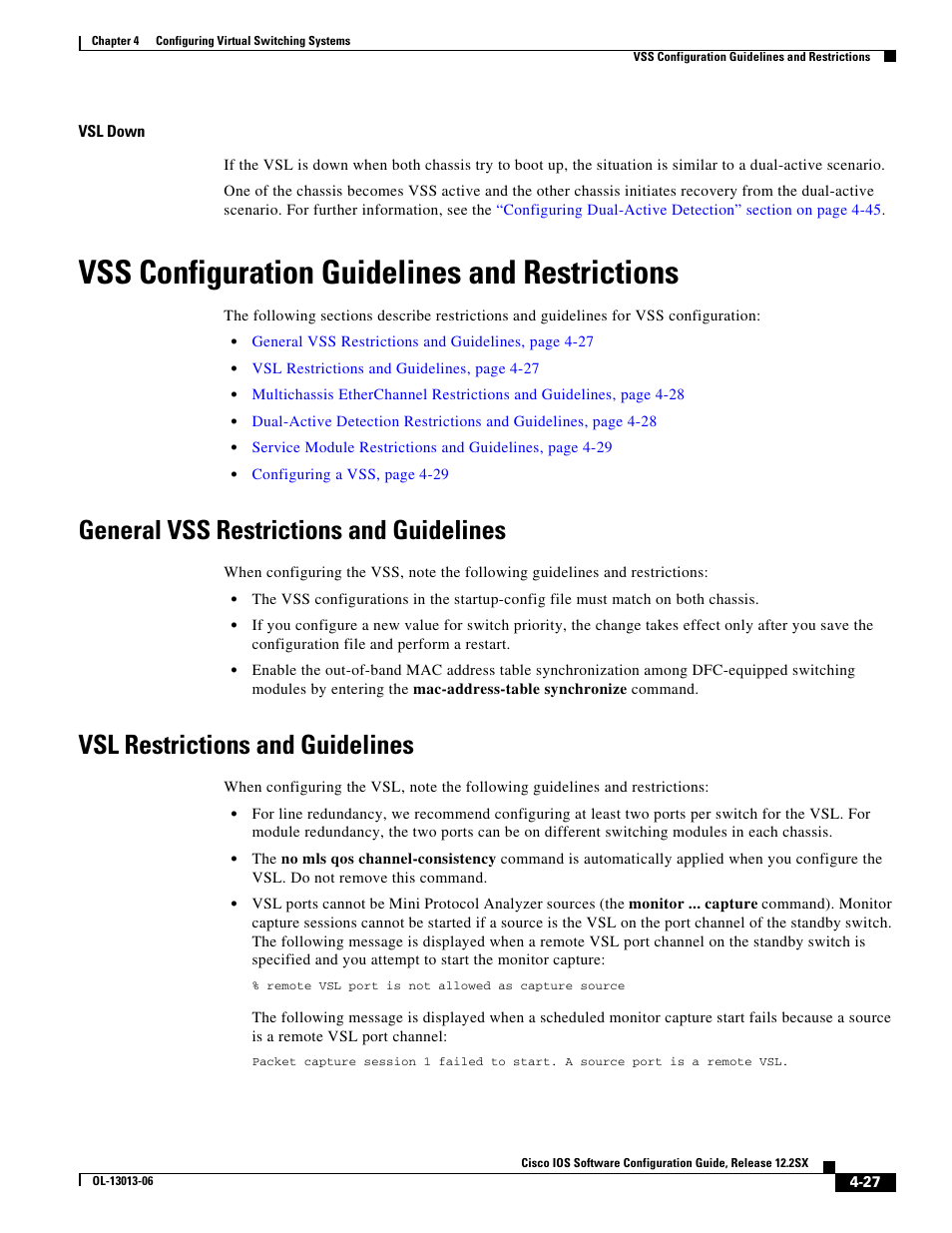 Vss configuration guidelines and restrictions, General vss restrictions and guidelines, Vsl restrictions and guidelines | Cisco 6500 User Manual | Page 27 / 72