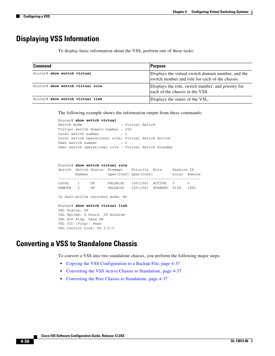 Displaying vss information, Converting a vss to standalone chassis | Cisco 6500 User Manual | Page 36 / 72