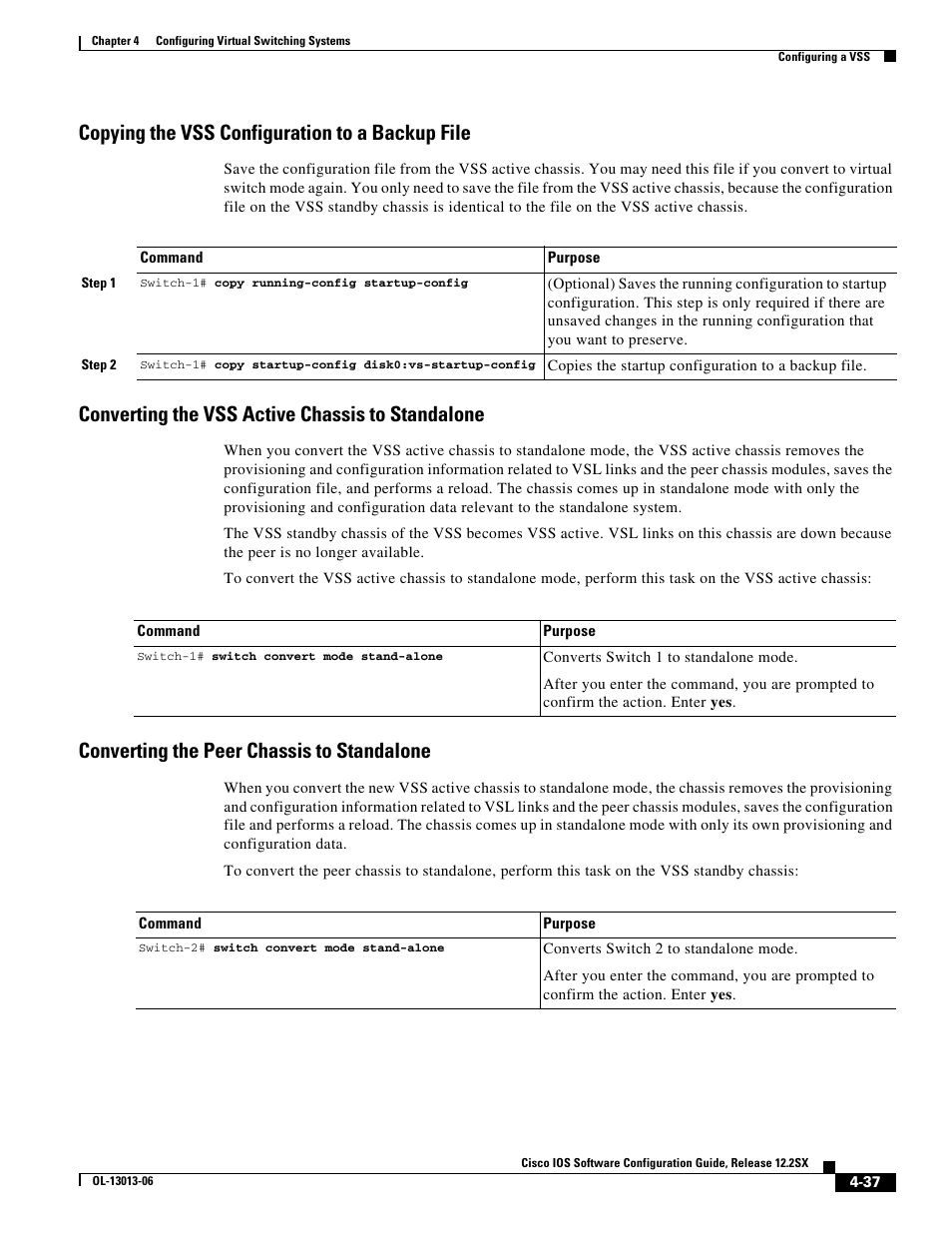 Copying the vss configuration to a backup file, Converting the vss active chassis to standalone, Converting the peer chassis to standalone | Cisco 6500 User Manual | Page 37 / 72