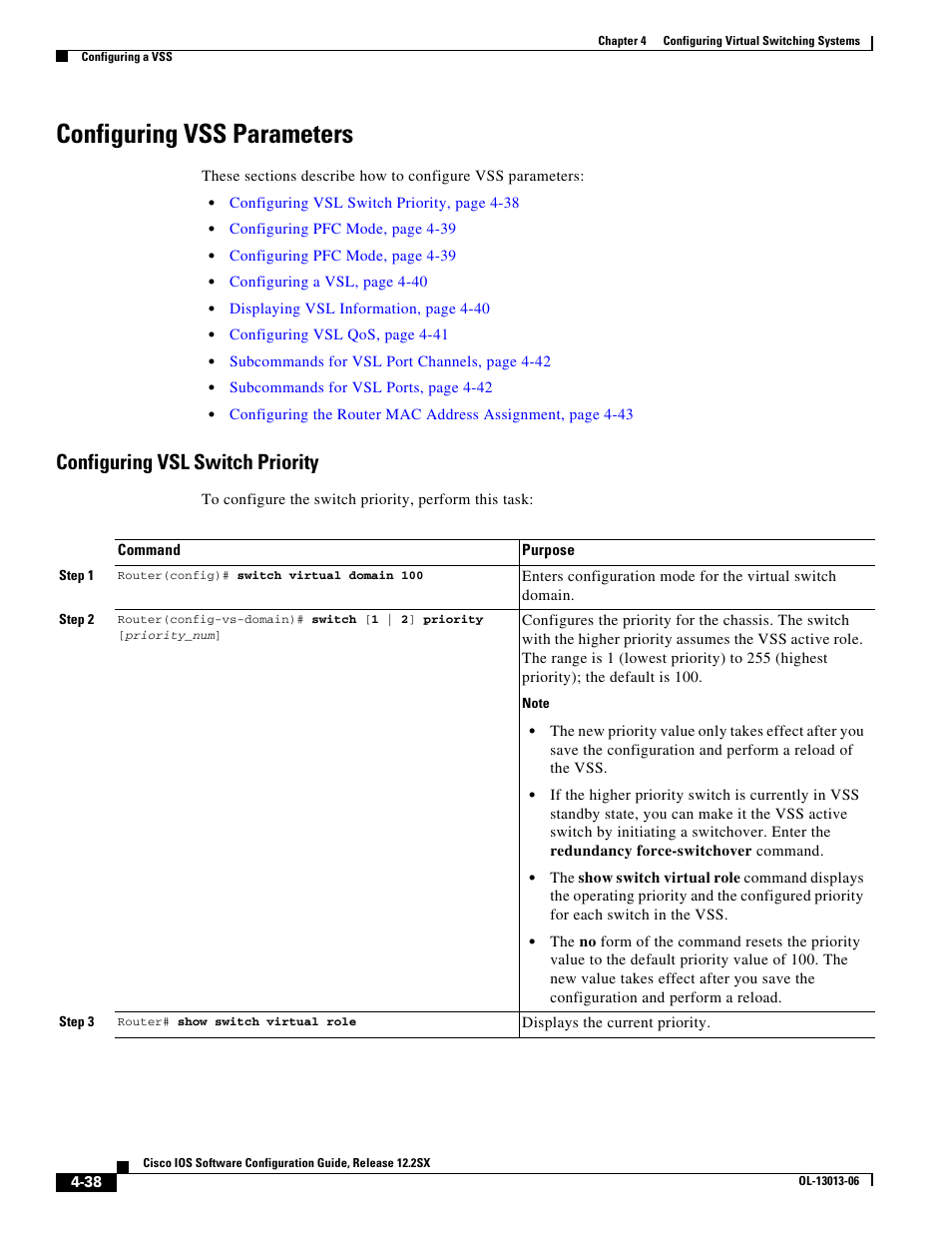 Configuring vss parameters, Configuring vsl switch priority | Cisco 6500 User Manual | Page 38 / 72