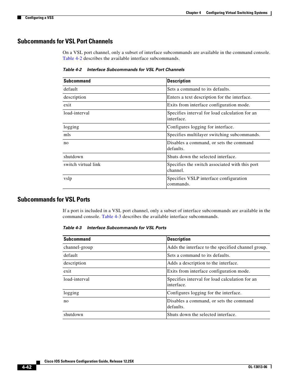 Subcommands for vsl port channels, Subcommands for vsl ports | Cisco 6500 User Manual | Page 42 / 72
