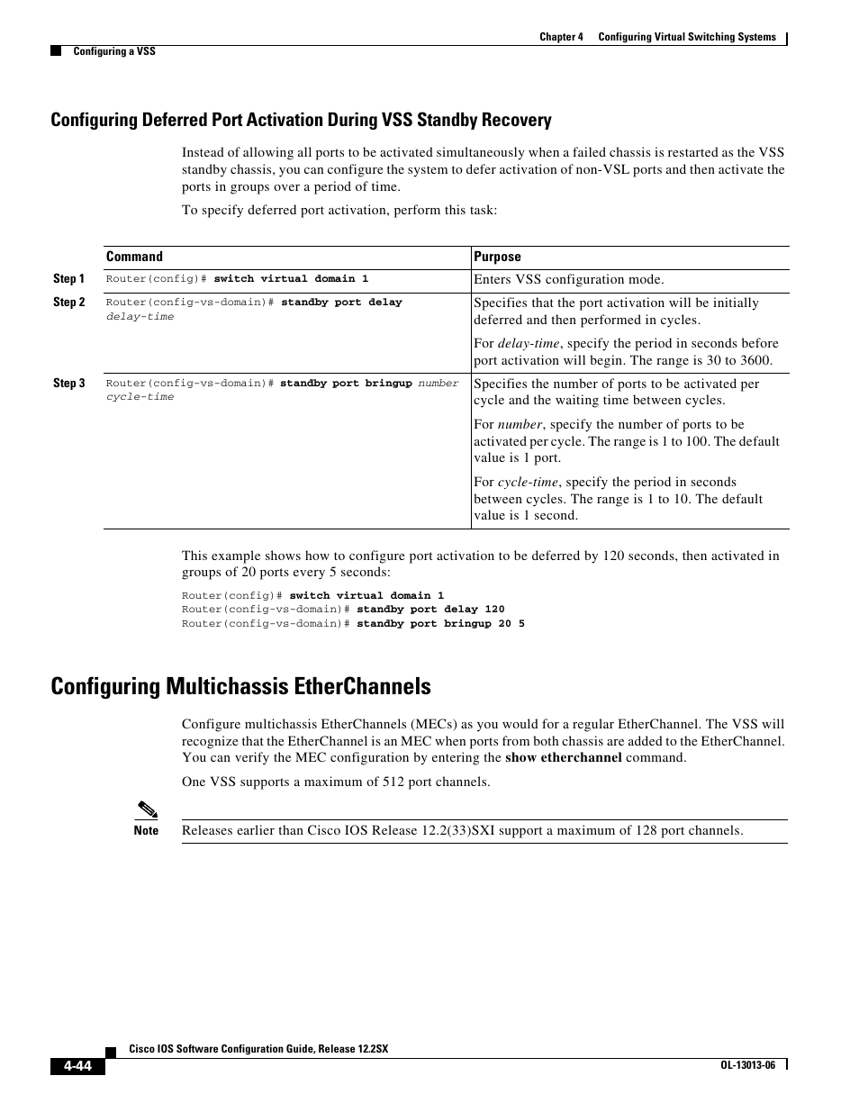 Configuring multichassis etherchannels, Configuring deferred port activation during vss | Cisco 6500 User Manual | Page 44 / 72
