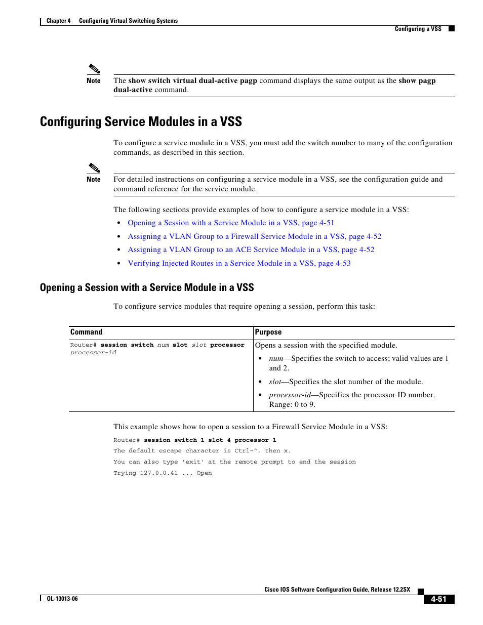 Configuring service modules in a vss, Opening a session with a service module in a vss | Cisco 6500 User Manual | Page 51 / 72