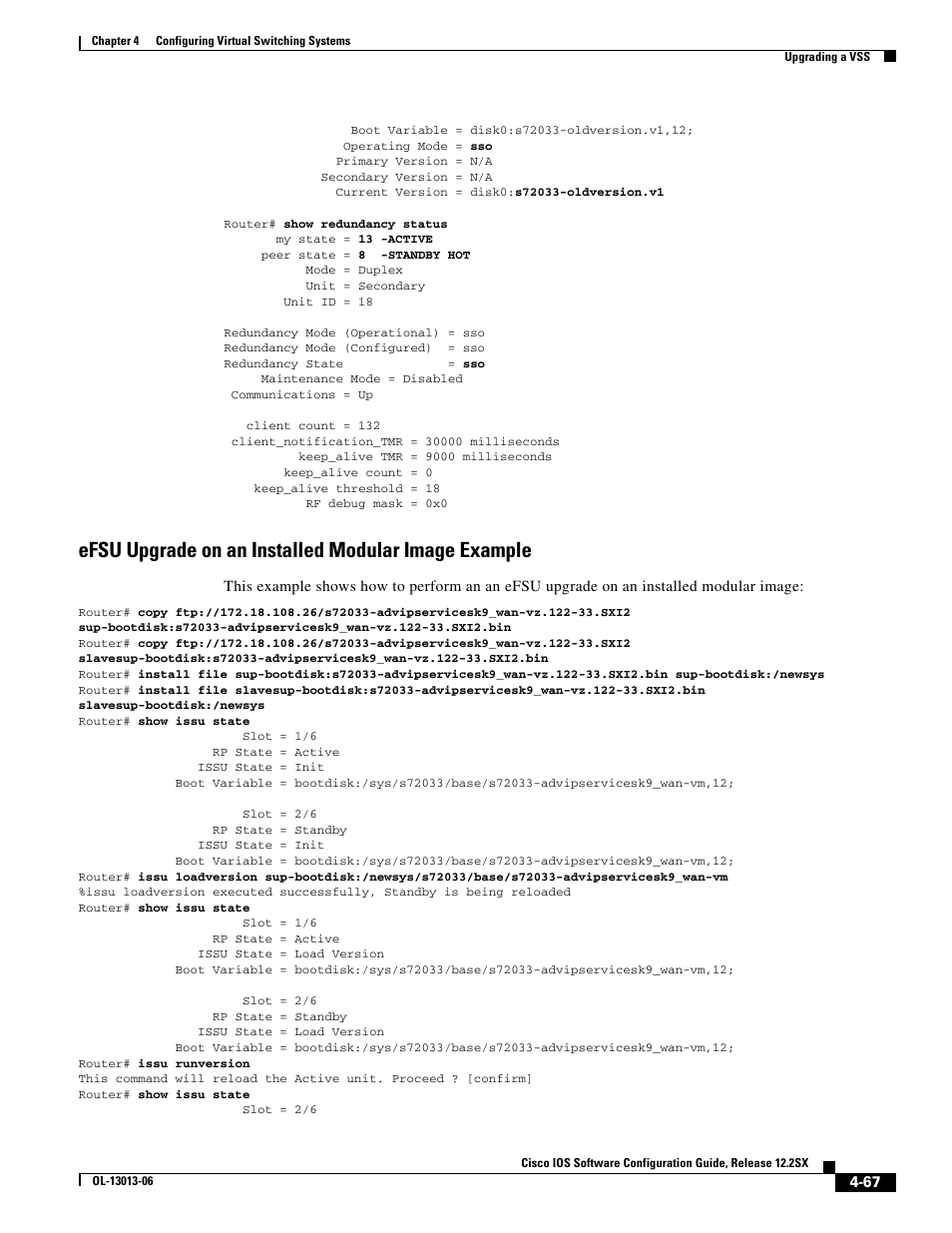 Efsu upgrade on an installed modular image example, Efsu upgrade | Cisco 6500 User Manual | Page 67 / 72