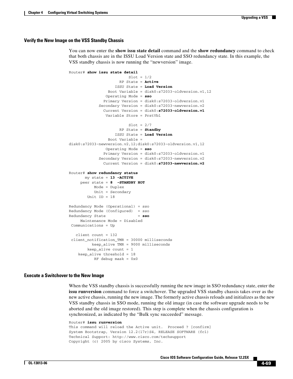 Verify the new image on the vss standby chassis, Execute a switchover to the new image | Cisco 6500 User Manual | Page 69 / 72