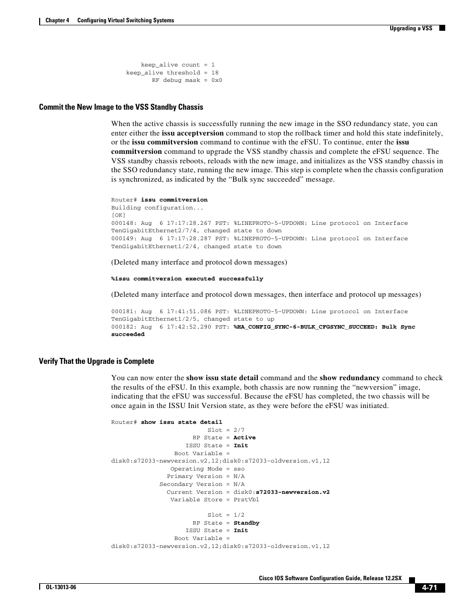 Commit the new image to the vss standby chassis, Verify that the upgrade is complete | Cisco 6500 User Manual | Page 71 / 72