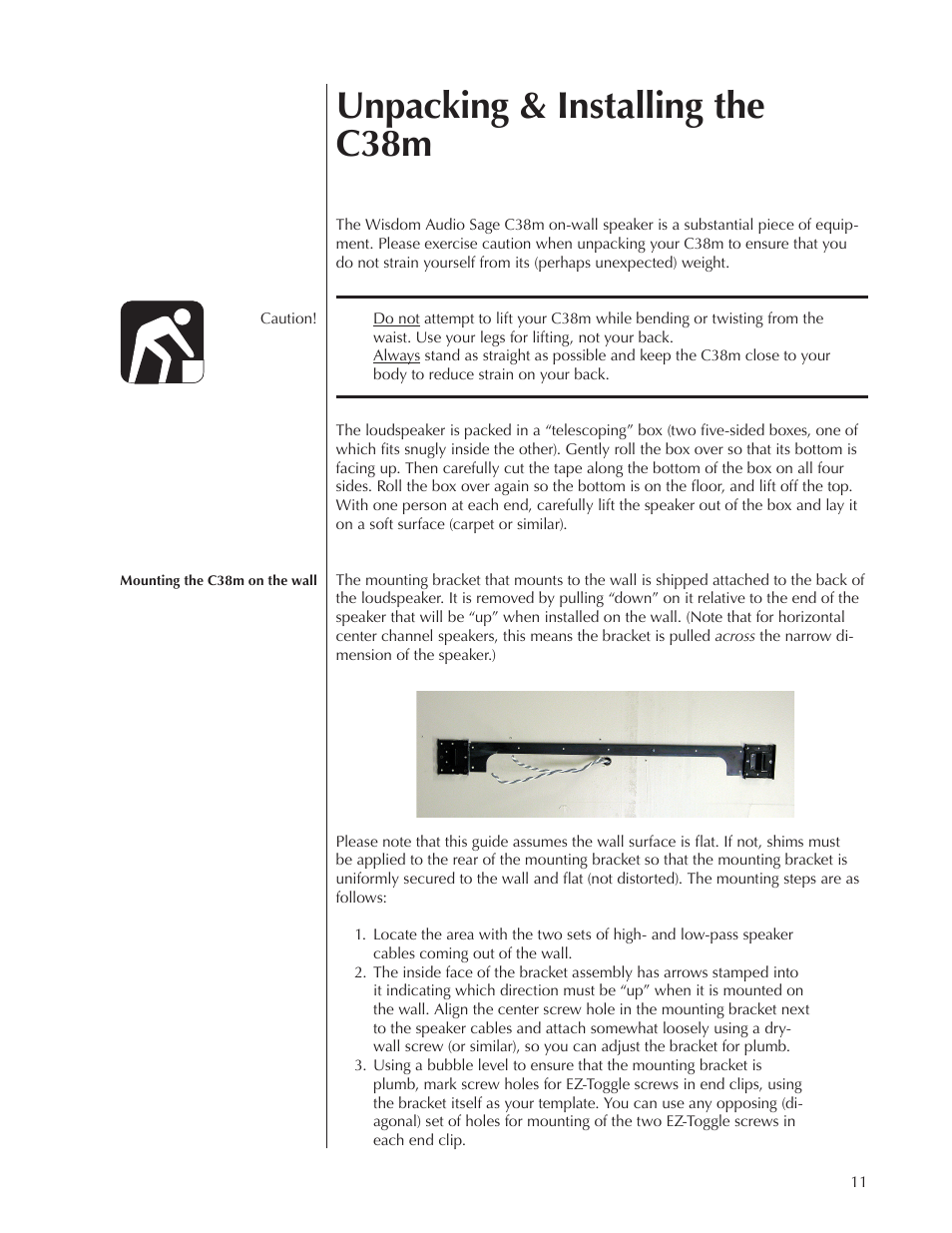 Unpacking & installing the c38m | Wisdom Audio Sage Series C38 User Manual | Page 11 / 30