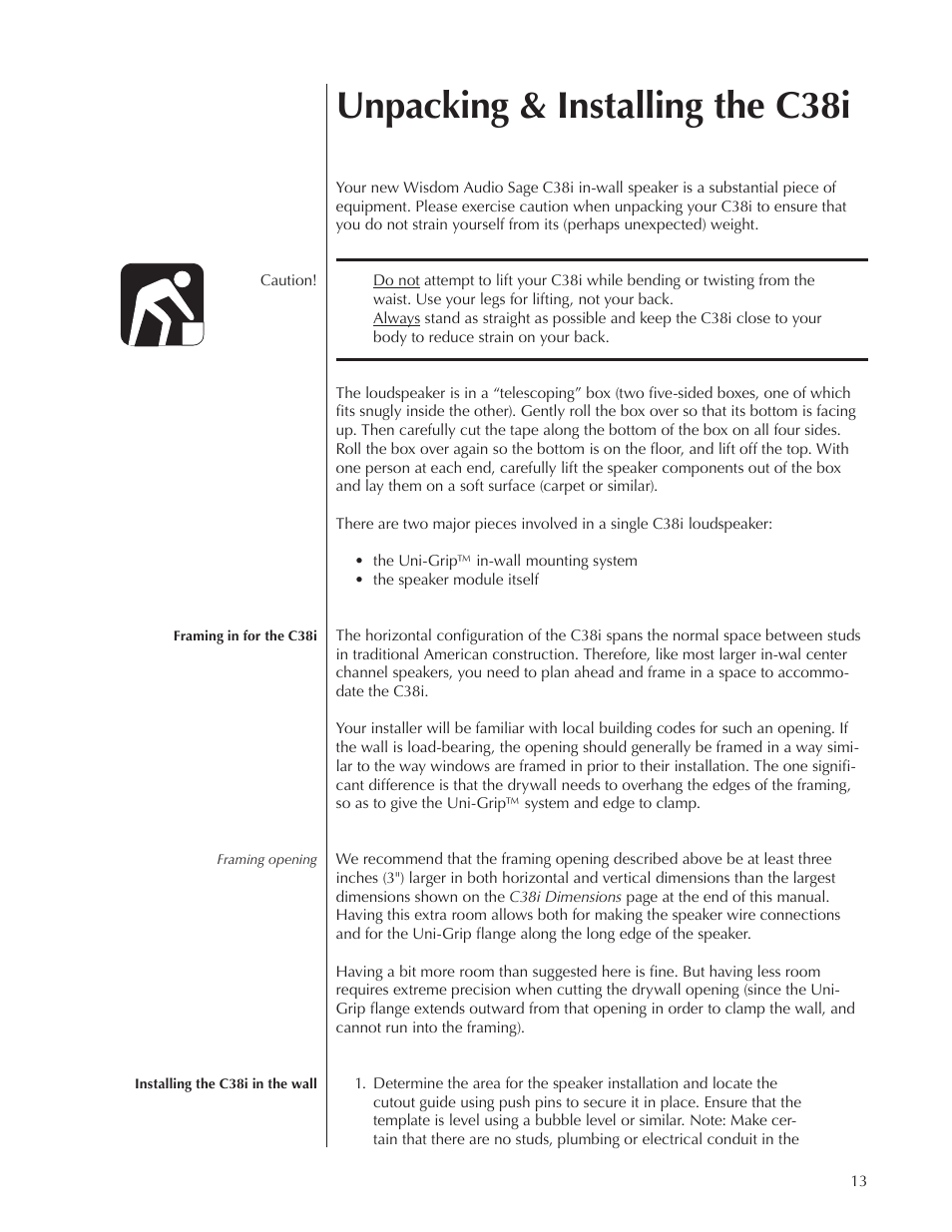 Unpacking & installing the c38i | Wisdom Audio Sage Series C38 User Manual | Page 13 / 30