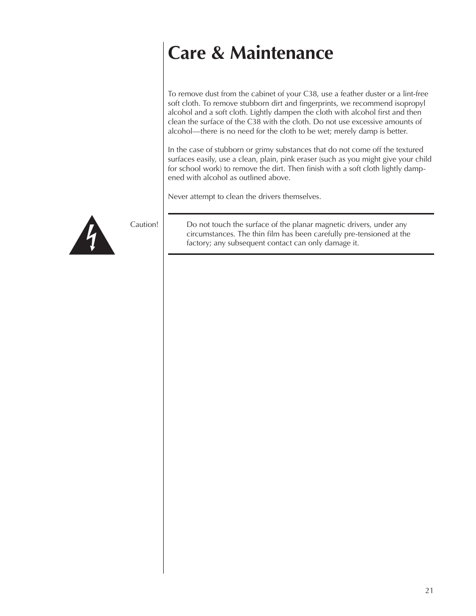 Care & maintenance | Wisdom Audio Sage Series C38 User Manual | Page 21 / 30