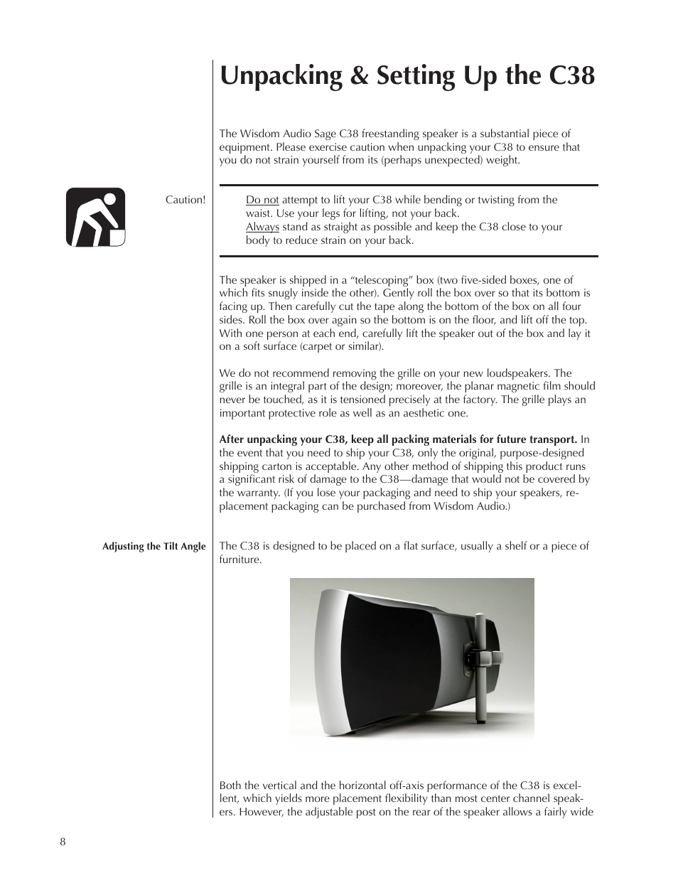 Unpacking & setting up the c38 | Wisdom Audio Sage Series C38 User Manual | Page 8 / 30