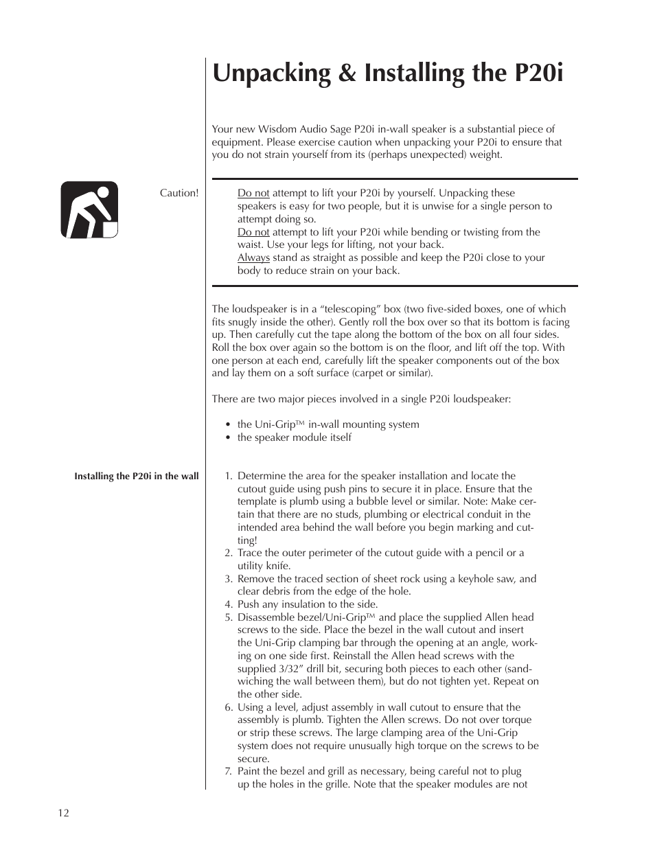 Unpacking & installing the p20i | Wisdom Audio Sage Series P20 User Manual | Page 12 / 28