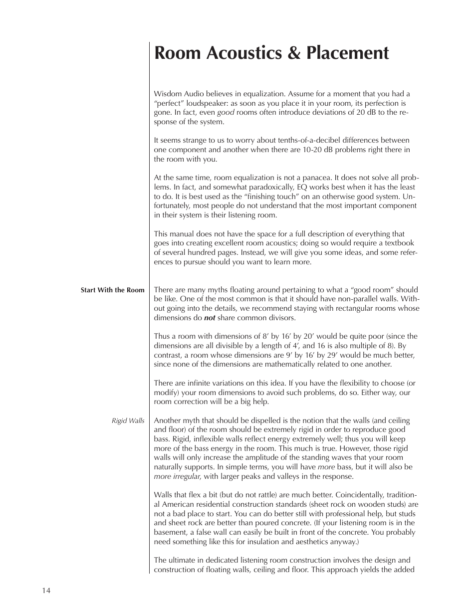 Room acoustics & placement | Wisdom Audio Sage Series P20 User Manual | Page 14 / 28