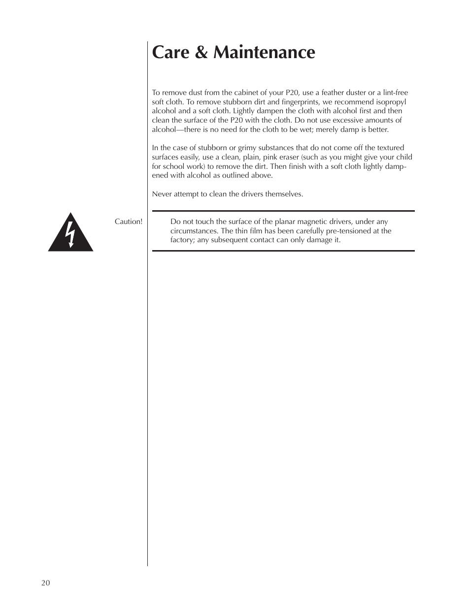 Care & maintenance | Wisdom Audio Sage Series P20 User Manual | Page 20 / 28