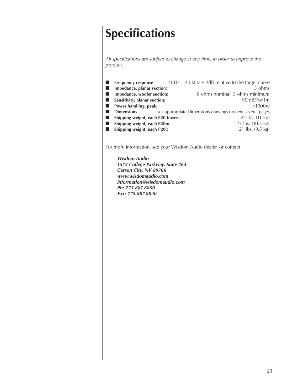 Specifications | Wisdom Audio Sage Series P20 User Manual | Page 23 / 28