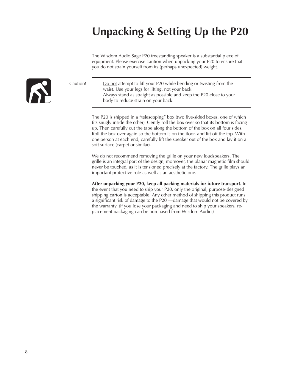 Unpacking & setting up the p20 | Wisdom Audio Sage Series P20 User Manual | Page 8 / 28