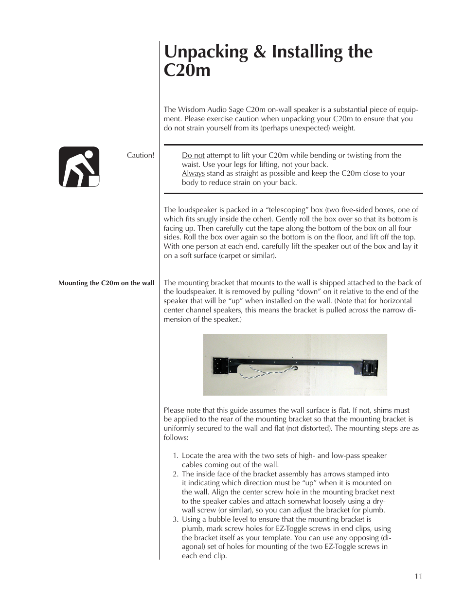 Unpacking & installing the c20m | Wisdom Audio Sage Series C20 User Manual | Page 11 / 30