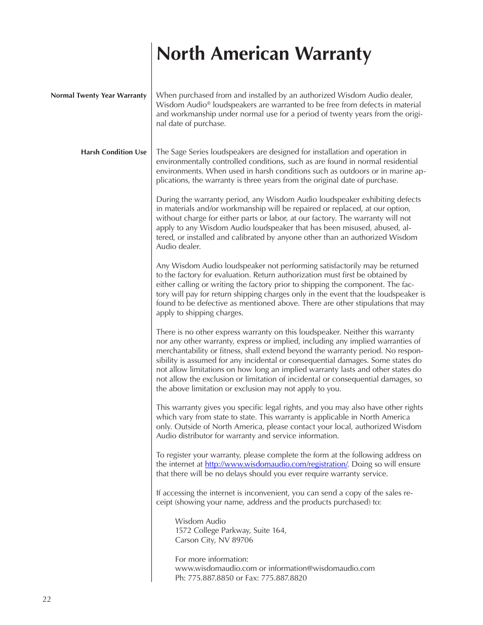 North american warranty | Wisdom Audio Sage Series C20 User Manual | Page 22 / 30