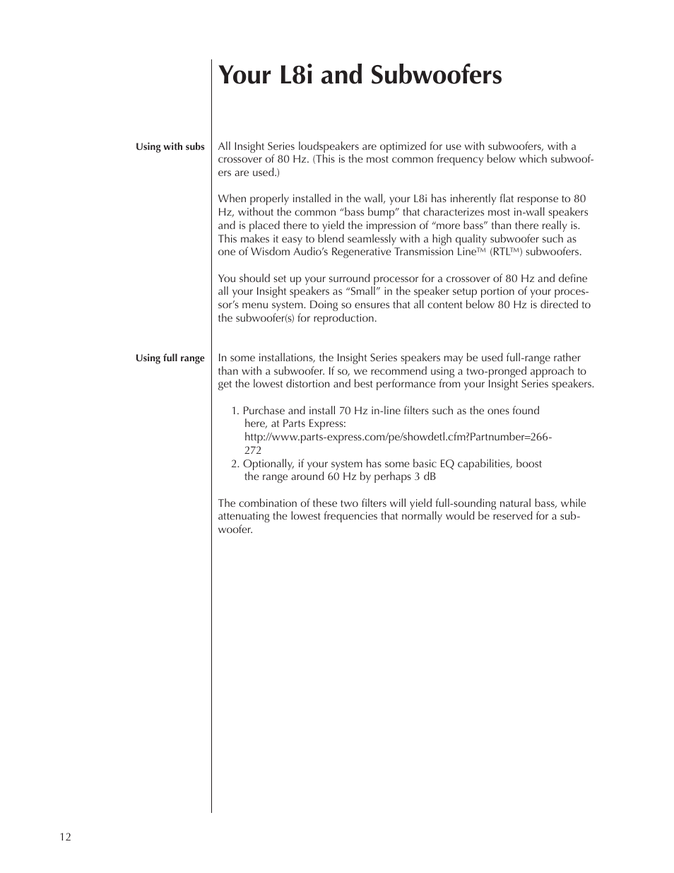 Your l8i and subwoofers | Wisdom Audio Insight Series L8i User Manual | Page 12 / 18