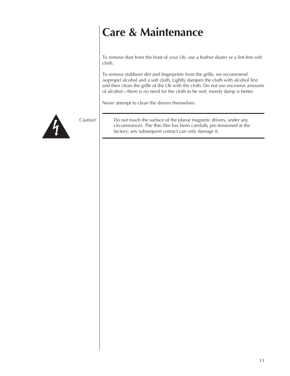 Care & maintenance | Wisdom Audio Insight Series L8i User Manual | Page 13 / 18