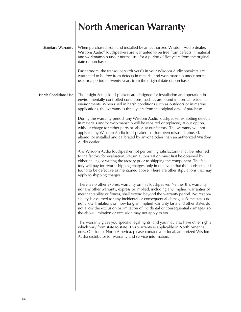 North american warranty | Wisdom Audio Insight Series L8i User Manual | Page 14 / 18