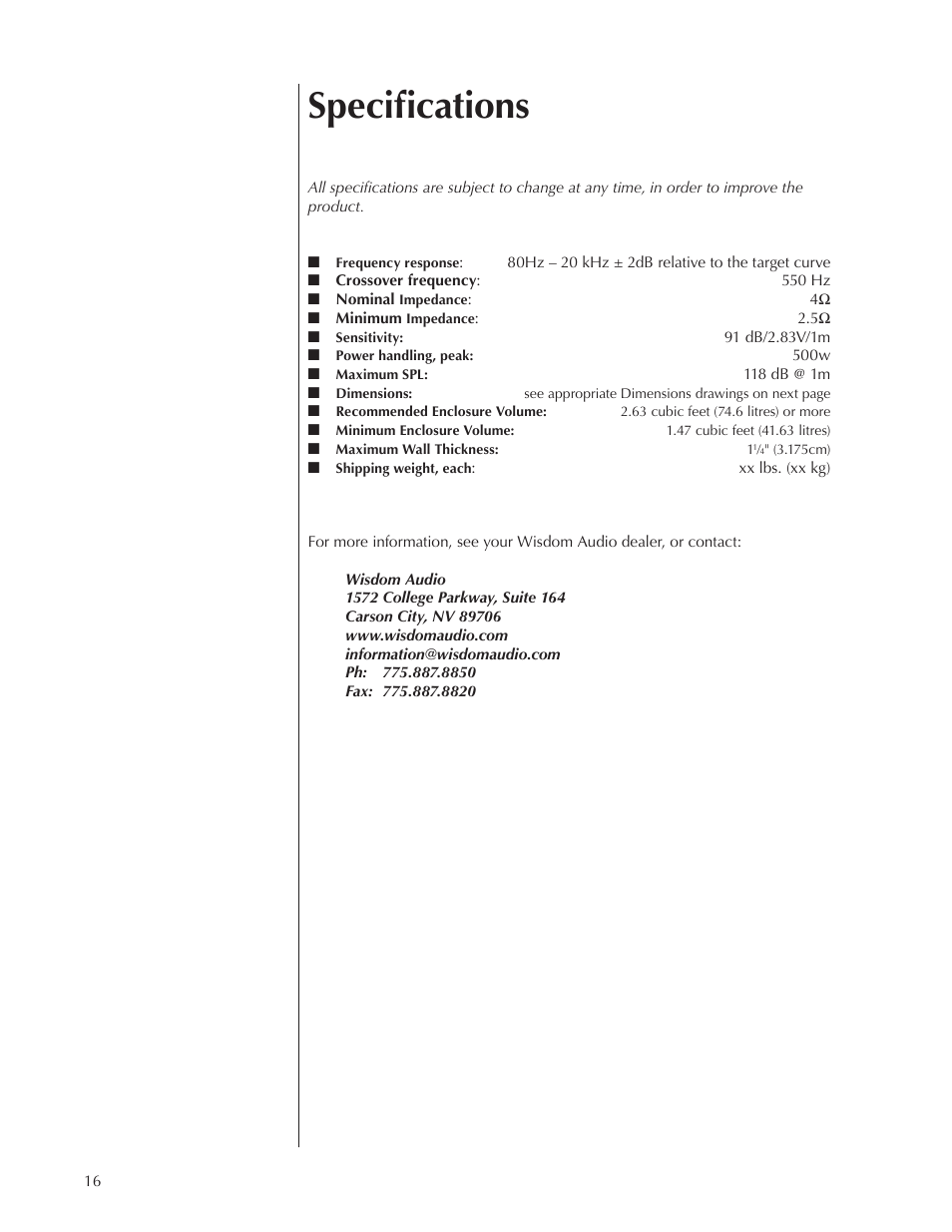 Specifications | Wisdom Audio Insight Series L8i User Manual | Page 16 / 18