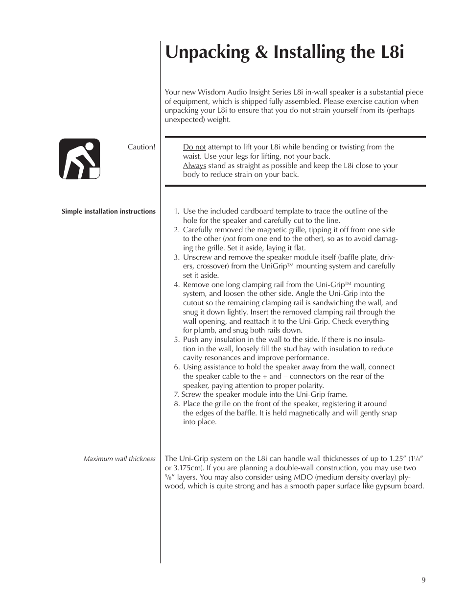 Unpacking & installing the l8i | Wisdom Audio Insight Series L8i User Manual | Page 9 / 18