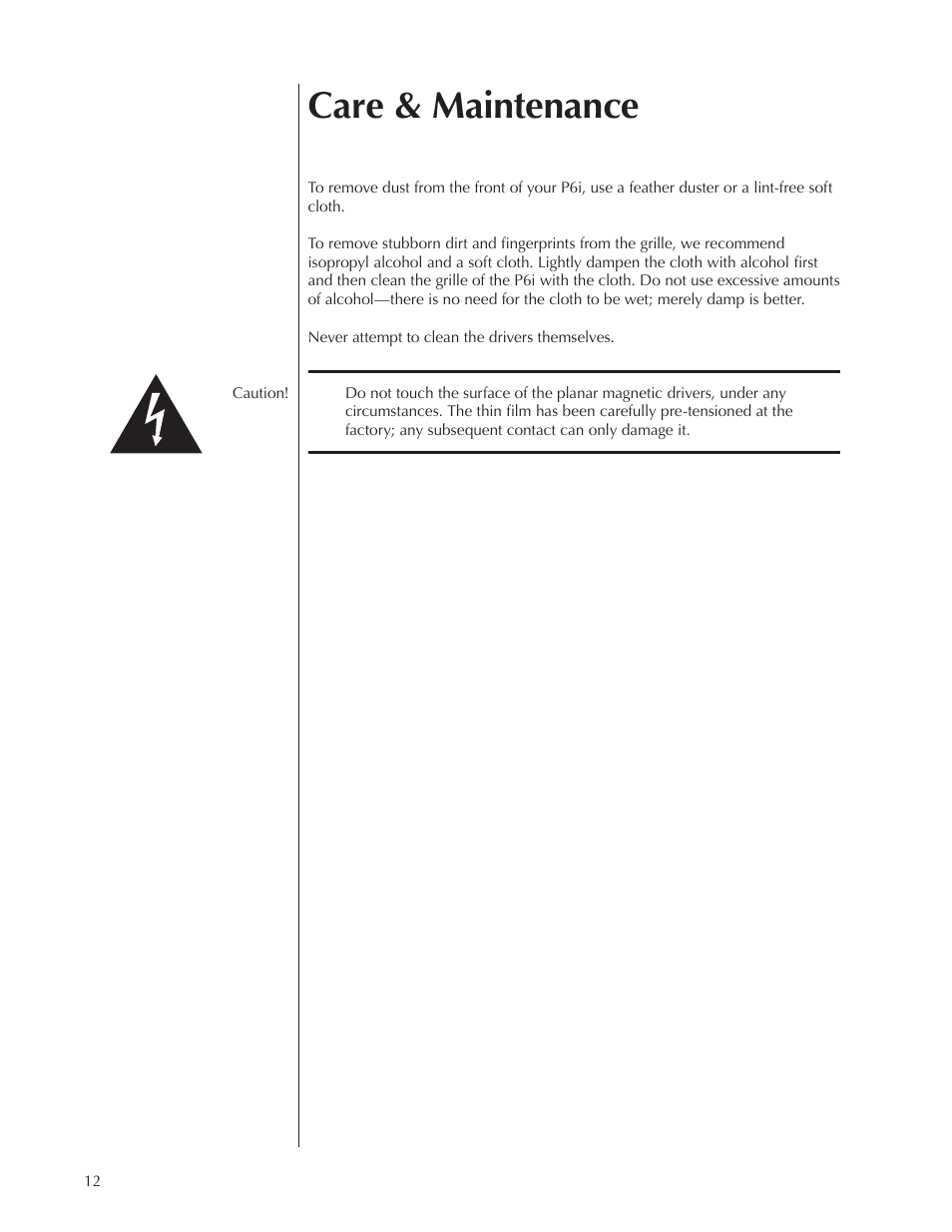 Care & maintenance | Wisdom Audio Insight Series P6i User Manual | Page 12 / 18